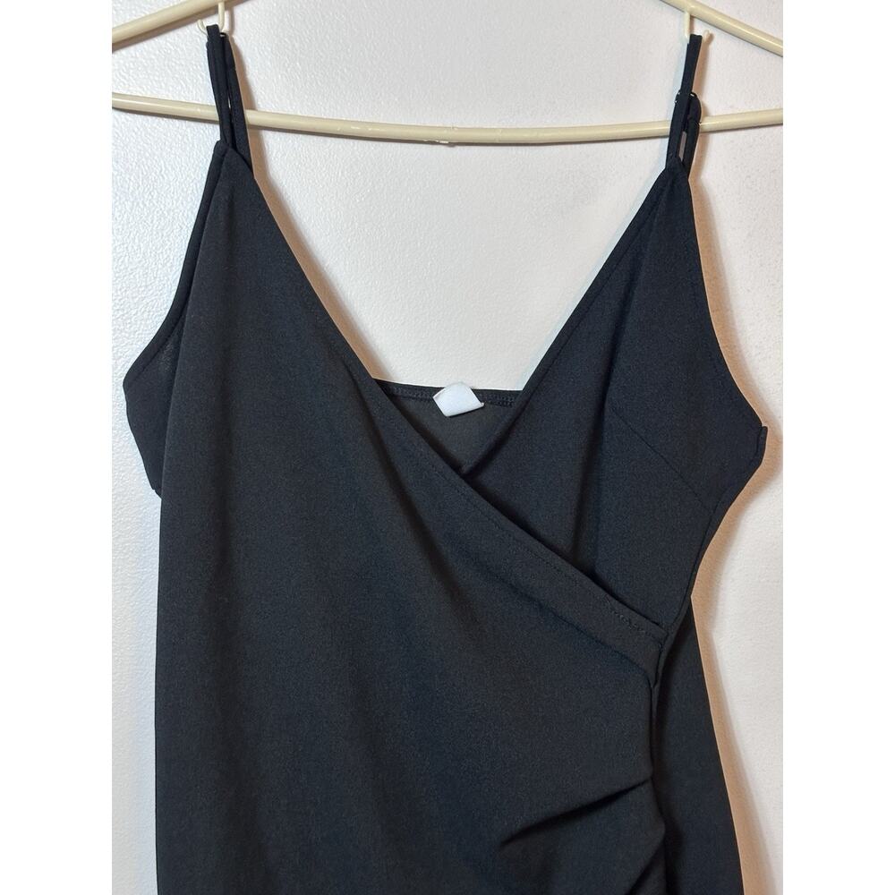 Black Faux Wrap Mini Slip Dress XL Y2K 90s Strappy Bodycon Cami Club Draped LBD - Picture 2 of 9